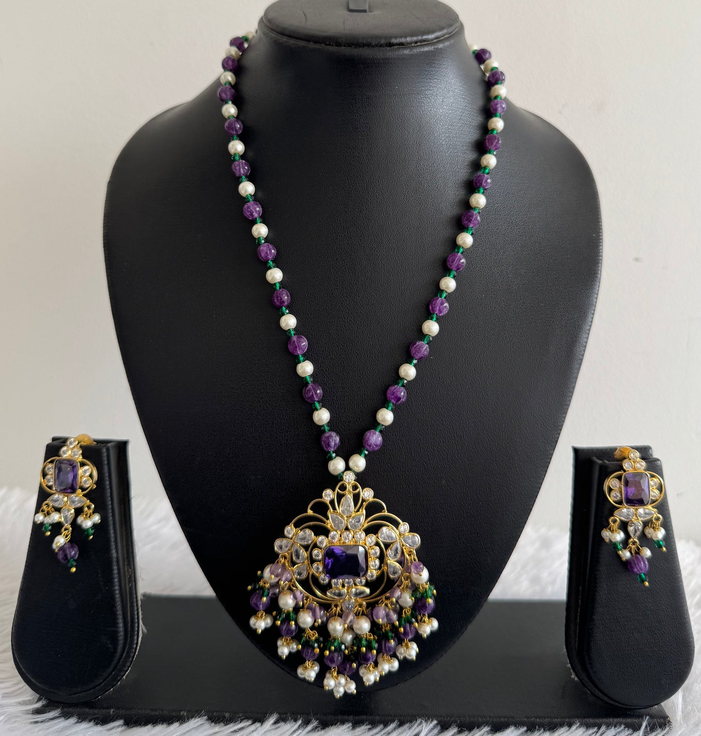 Gold tone purple-green beaded block stone pendant necklace Set Dj-51463