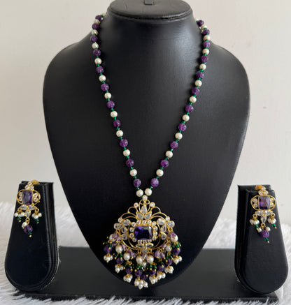 Gold tone purple-green beaded block stone pendant necklace Set Dj-51463