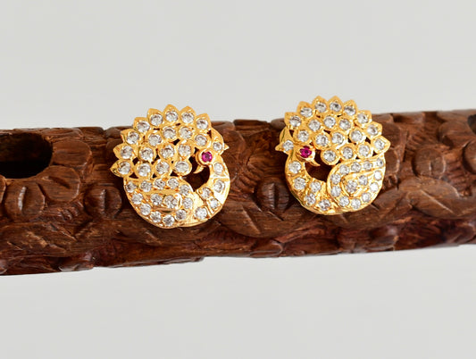 Gold tone AD white-pink south Indian peacock round stad/earrings dj-53348