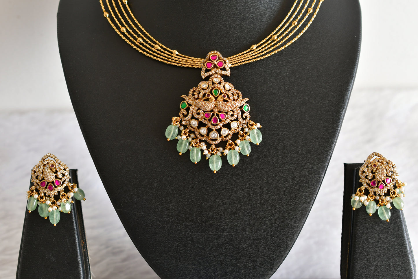 Antique gold tone pink-green kundan jadau kante necklace set dj-52420