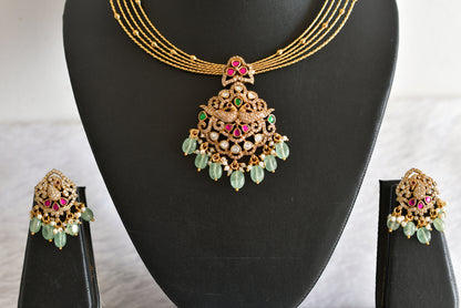 Antique gold tone pink-green kundan jadau kante necklace set dj-52420