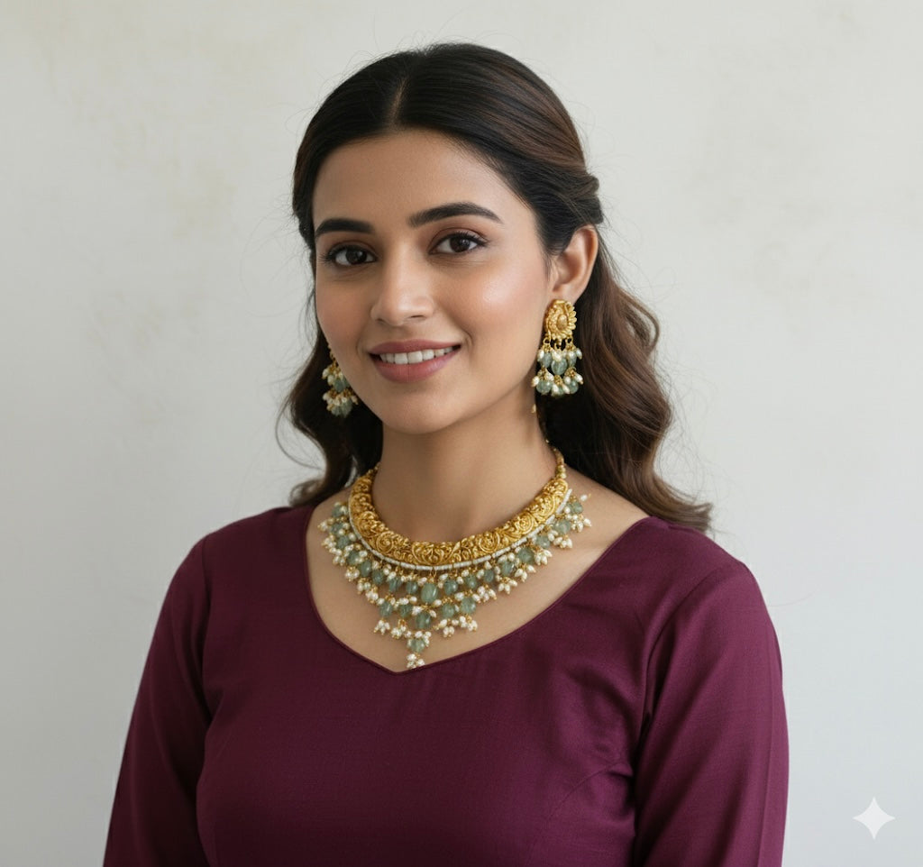 Matte finish rice pearl green beaded kante set dj-50534