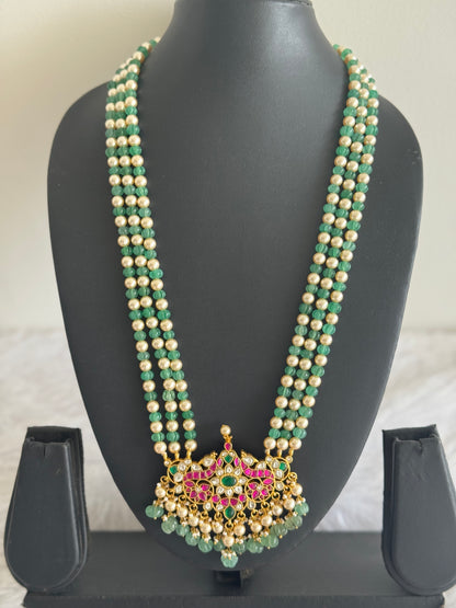 Matte finish pink-green-white kunan jadau agate peacock beaded short haar dj-51552