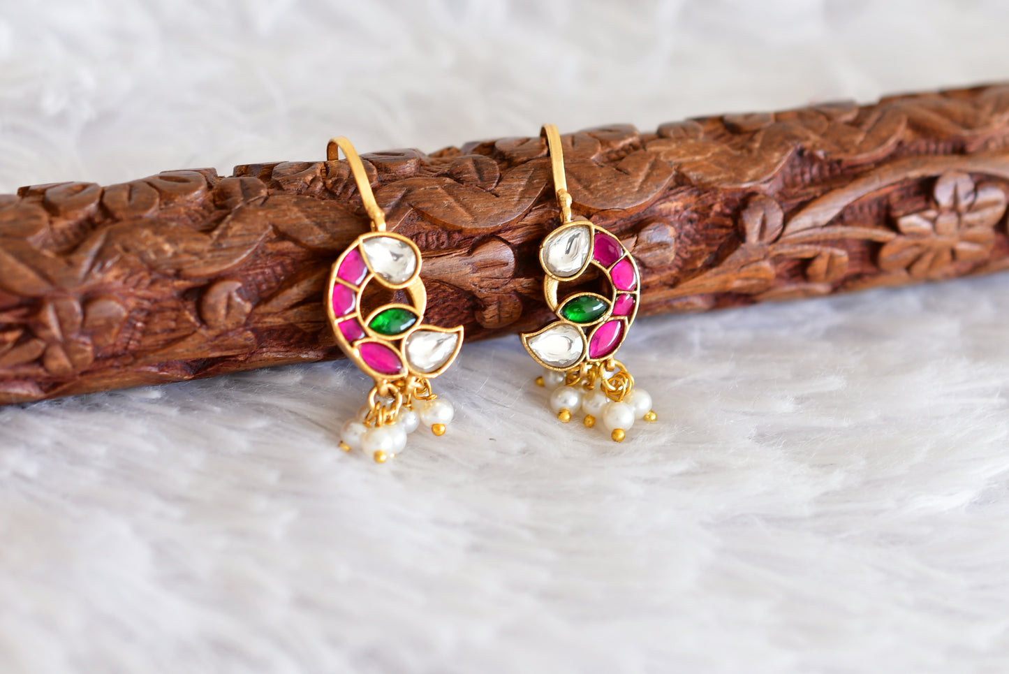 Gold tone pink-green-white kundan jadau peacock bugadi earrings dj-52476