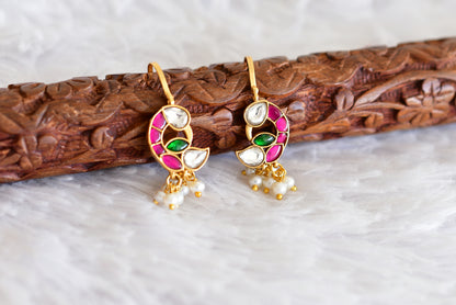 Gold tone pink-green-white kundan jadau peacock bugadi earrings dj-52476