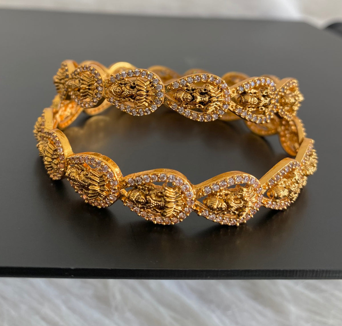 Antique gold tone cz white stone lakshmi bangles (2.10) dj-55173