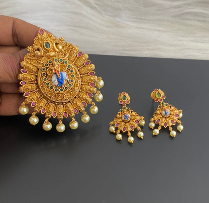 Antique gold tone pearl peacock krishna meenakari pendant set dj-54742