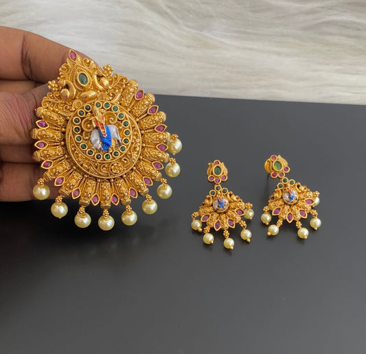 Antique gold tone pearl peacock krishna meenakari pendant set dj-54742