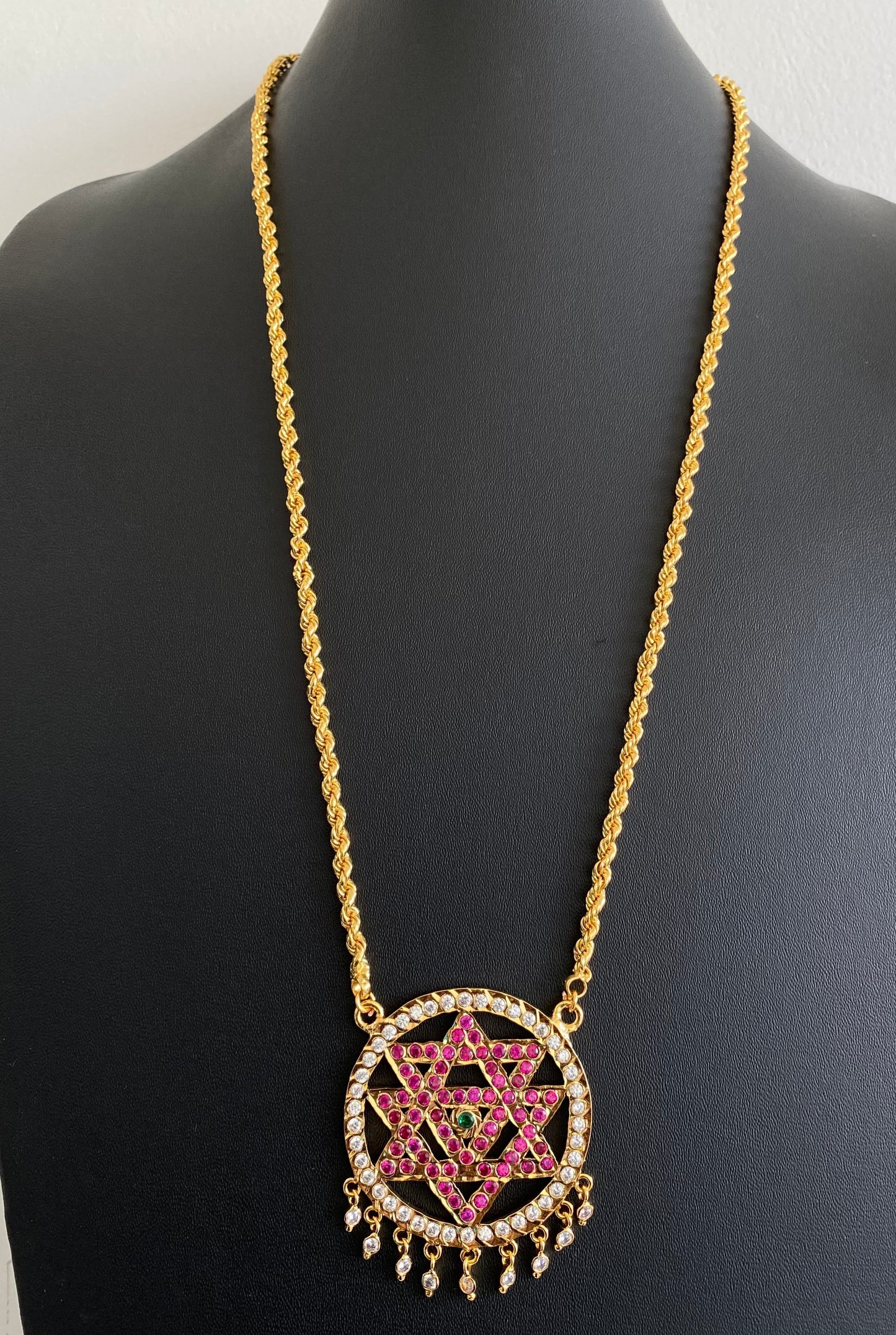 Gold tone 24 inches chain with AD pink-white-green chakram pendant dj-53262