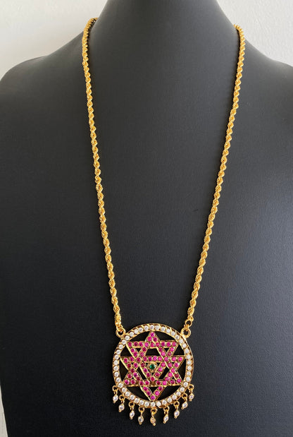 Gold tone 24 inches chain with AD pink-white-green chakram pendant dj-53262