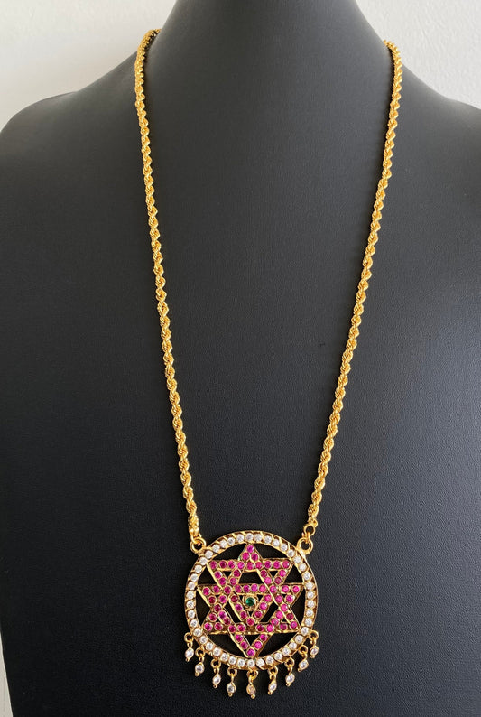 Gold tone 24 inches chain with AD pink-white-green chakram pendant dj-53262