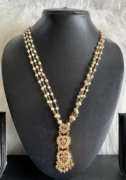 Gold tone AD pink-green heart step pendant with pearl chain dj-51116