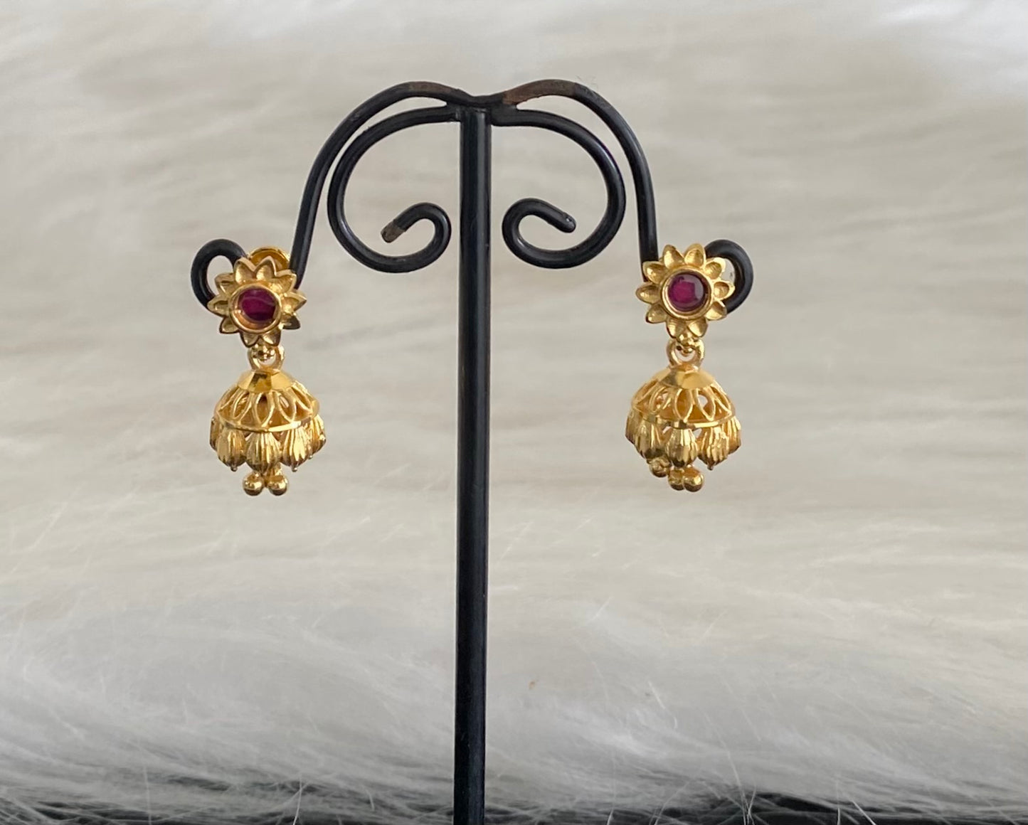 Gold tone pink stone flower small jhumkka dj-54648