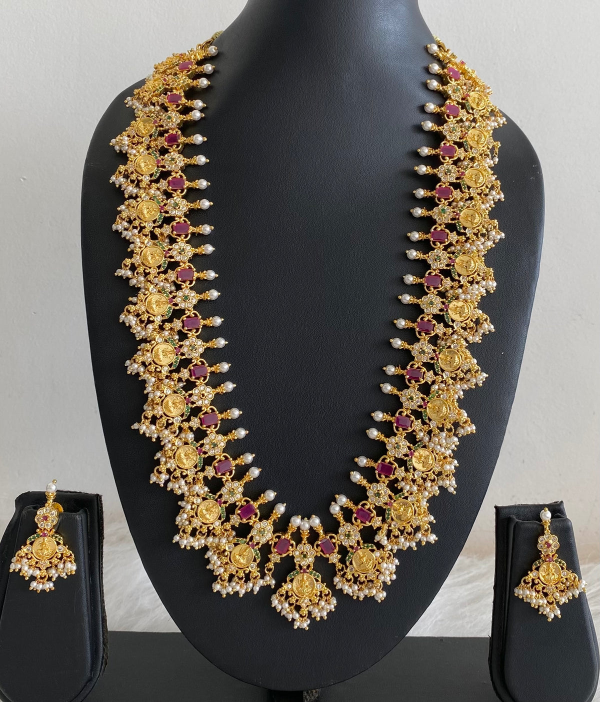 Gold tone ruby-emerald-white lakshmi coin gutta pusalu short haar set dj-55005