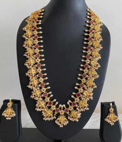 Gold tone ruby-emerald-white lakshmi coin gutta pusalu short haar set dj-55005
