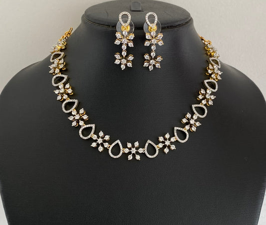 Gold tone cz white stone flower necklace set dj-54340