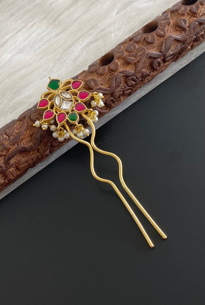 Gold tone kundan jadau kemp-green-white pearl hair jewel/pin dj-55062