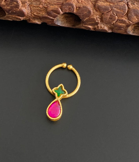 Gold tone kundan jadau pink-green stone nose pin/bulakku dj-53761