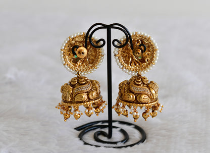 Antique gold tone cz green pearl round big nakshi jhumkka dj-52557