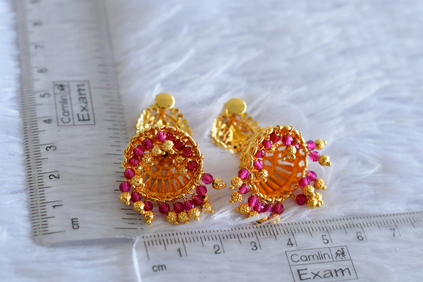 Gold tone kerala style pink-green lakshmi jhumkka dj-51805