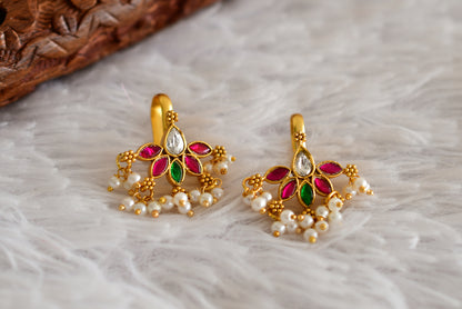 Gold tone pink-green-white kundan jadau bugadi earrings dj-52489
