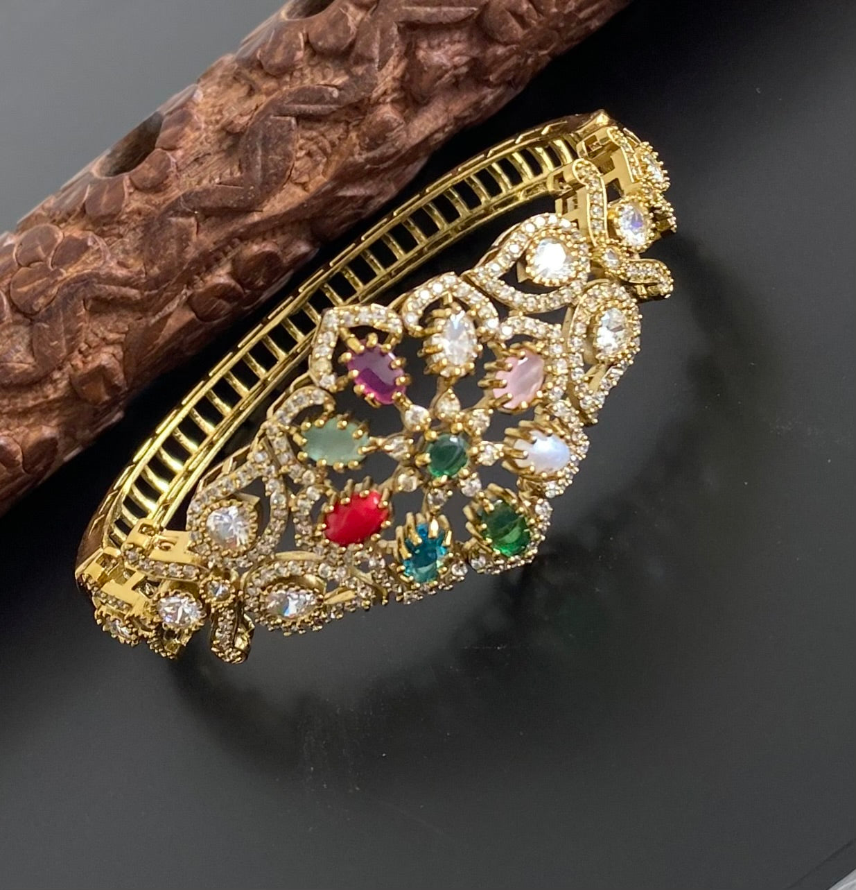 Antique gold tone flower navarathna openable kada/bracelet dj-53975