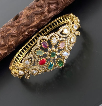 Antique gold tone flower navarathna openable kada/bracelet dj-53975
