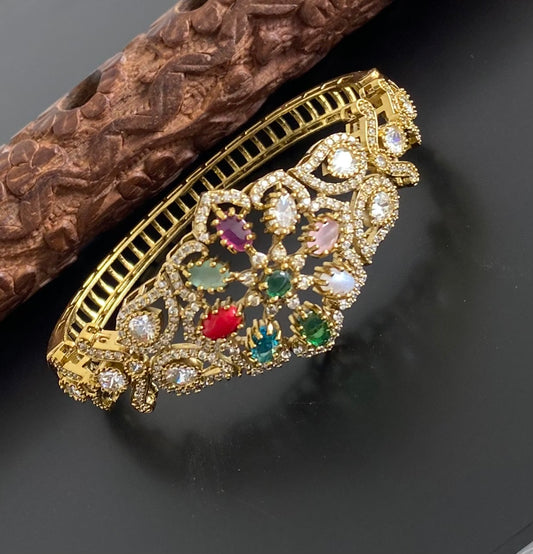 Antique gold tone flower navarathna openable kada/bracelet dj-53975