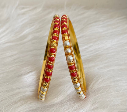 Gold tone coral-pearl beaded bangles(2.8) dj-53705