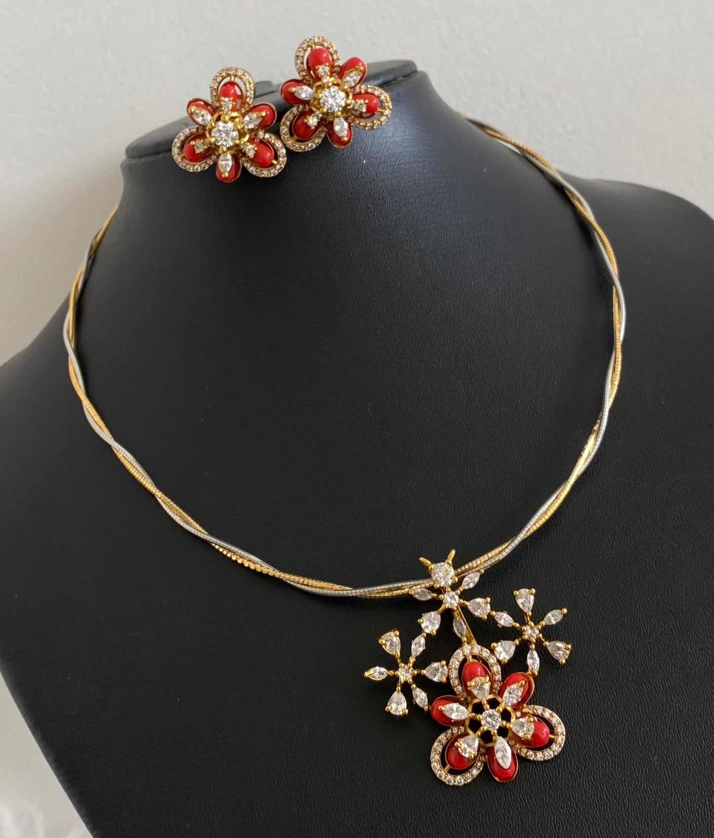 Two tone cz white stone coral pendant set with kanti necklace dj-54249