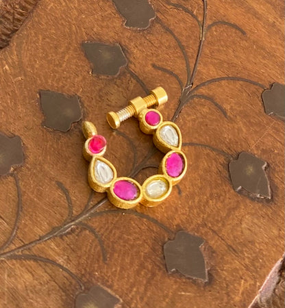 Gold tone kundan jadau pink-white stone nose pin dj-53729