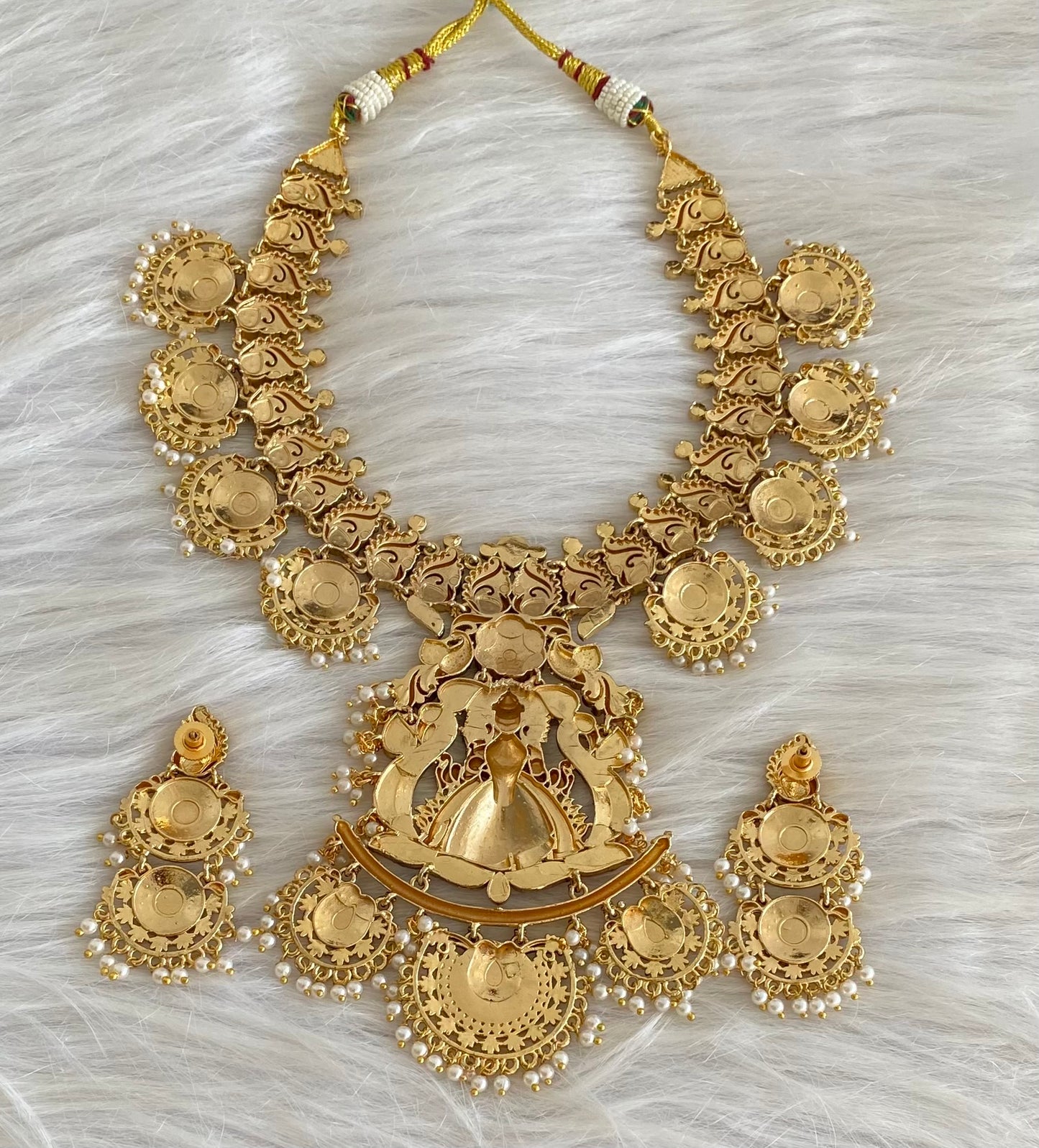 Antique gold tone peacock kundan jadau pearl necklace set dj-54161