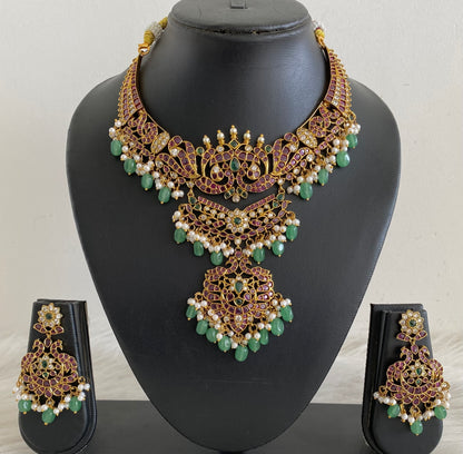 Antique gold tone kemp-green-white stone green beaded peacock necklace set dj-54812