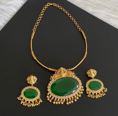 Matte finish lakshmi big green oval stone pendant hasli necklace set dj-54250