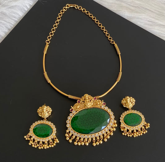 Matte finish lakshmi big green oval stone pendant hasli necklace set dj-54250