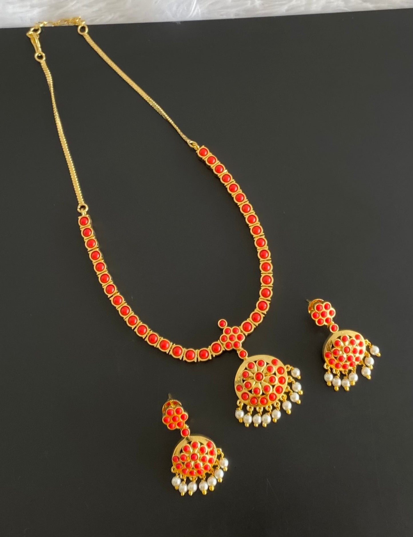 Gold tone coral south Indian style necklace set dj-54405