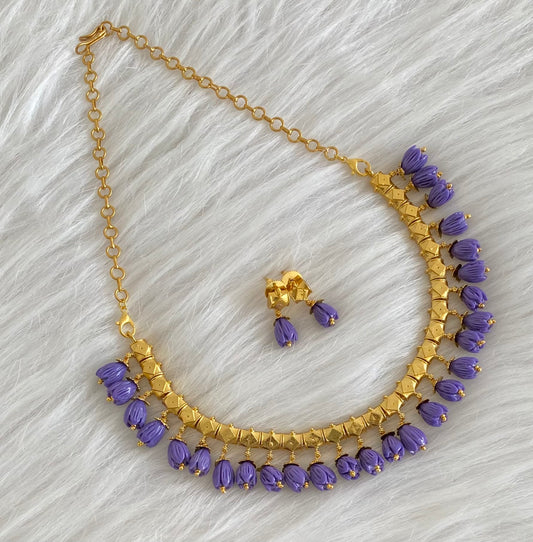 Antique gold tone dark purple tulip beaded necklace set dj-54318