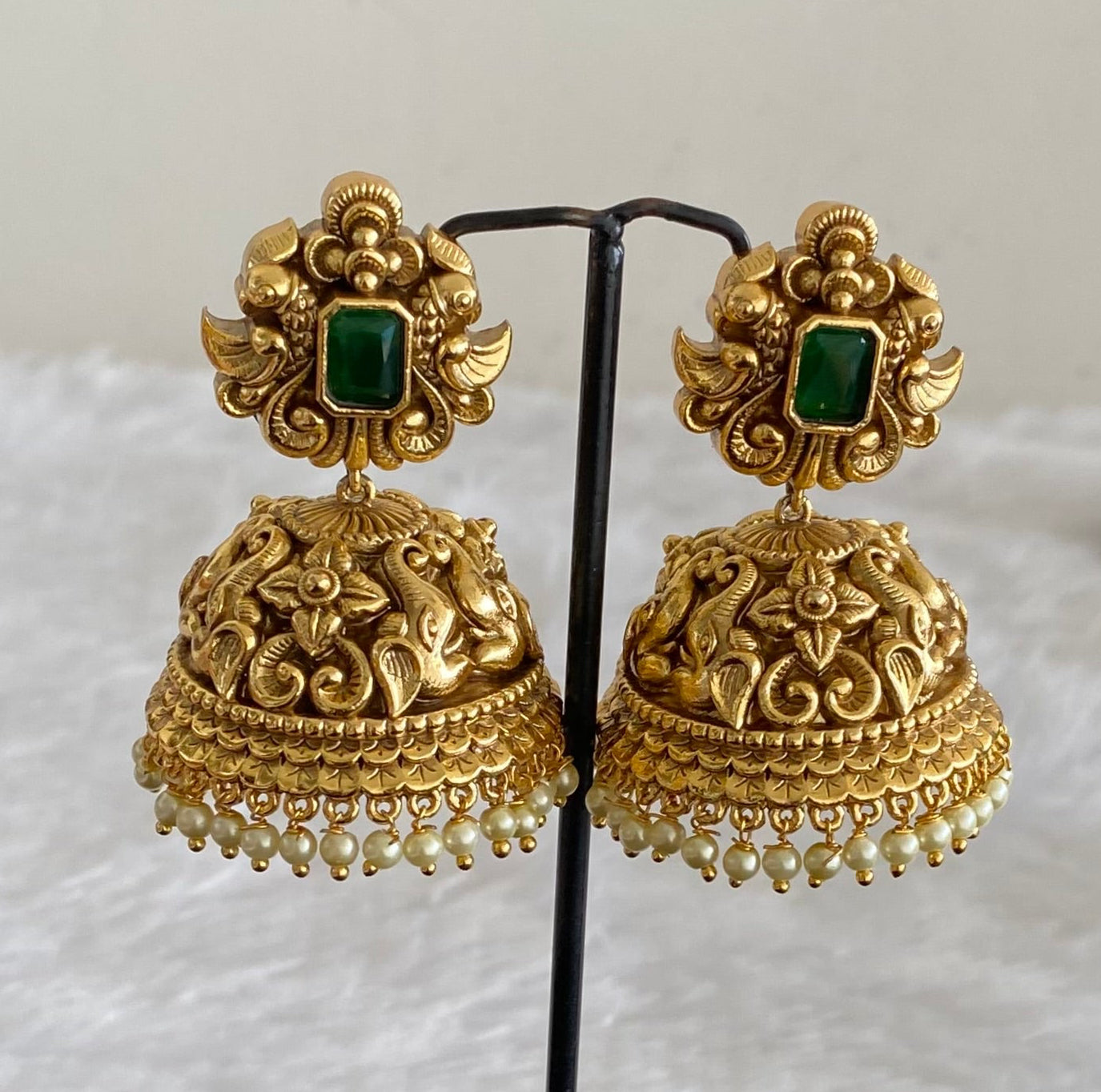 Antique gold tone green nakshi huge elephant pearl jhumkka dj-54039