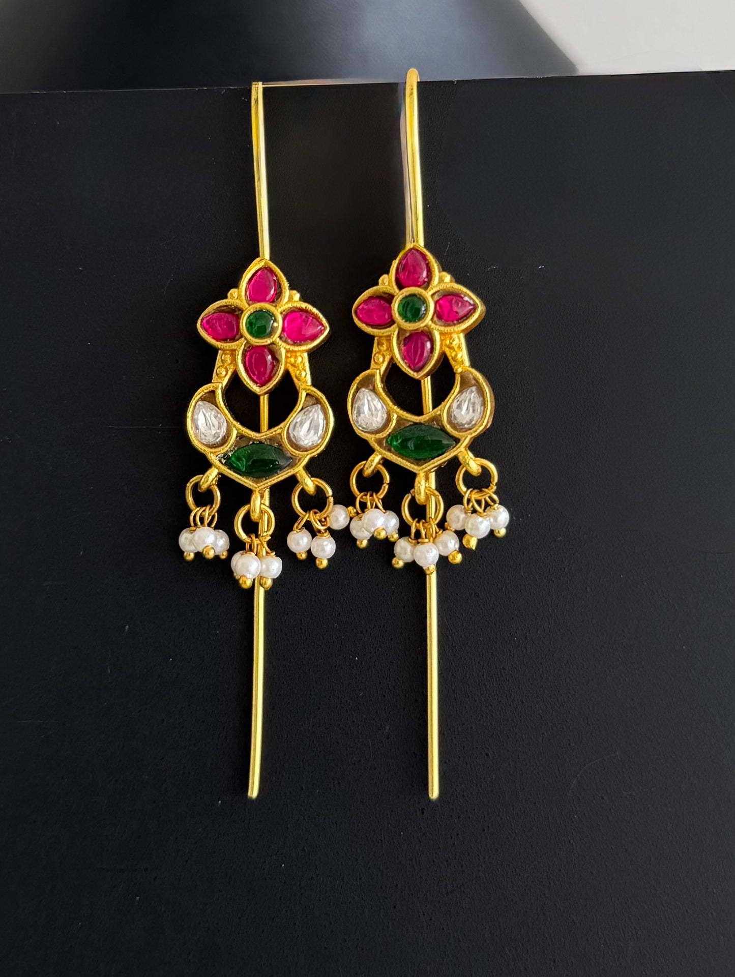 Gold tone pink-green kundan jadau mango bugadi earrings dj-51133