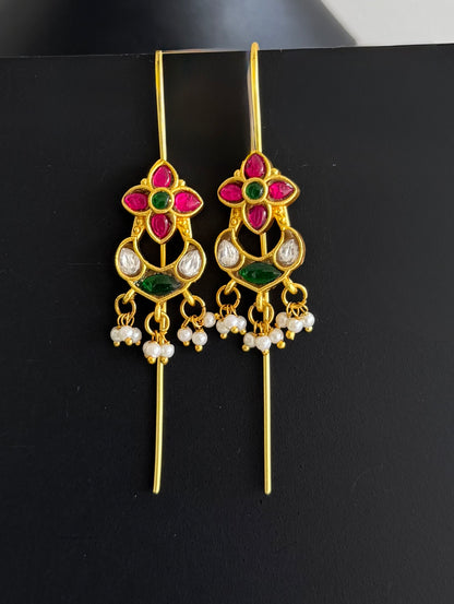 Gold tone pink-green kundan jadau mango bugadi earrings dj-51133
