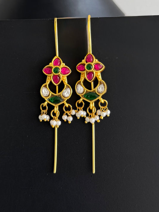 Gold tone pink-green kundan jadau mango bugadi earrings dj-51133