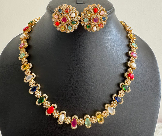 Matte finish cz navarathna stone flower necklace set dj-51208
