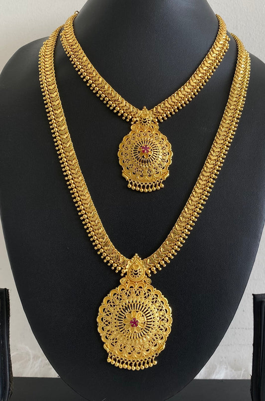 Gold tone ruby stone heart flower combo set dj-54292