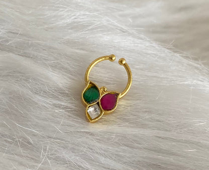 Gold tone kundan jadau pink-green-white stone nose pin/bulakku dj-53742