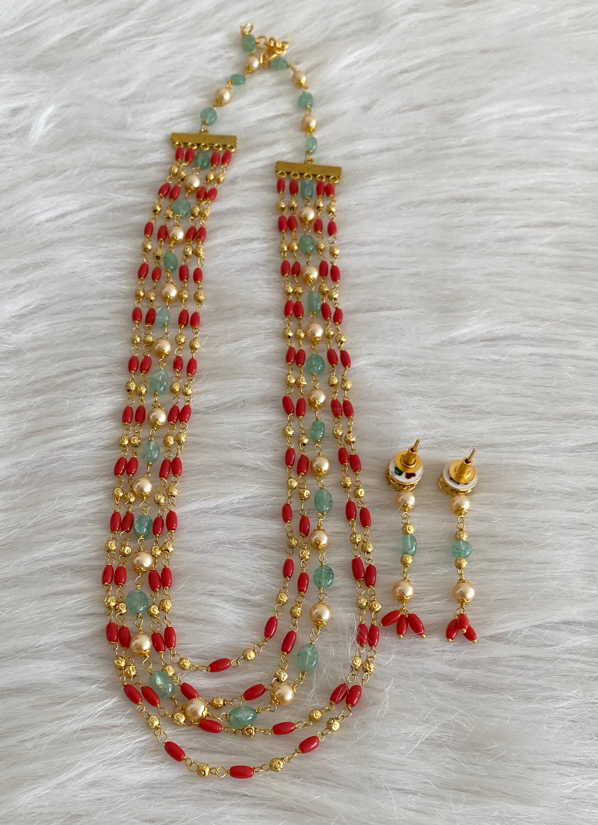 Antique gold tone multilayer coral beaded necklace set dj-54983