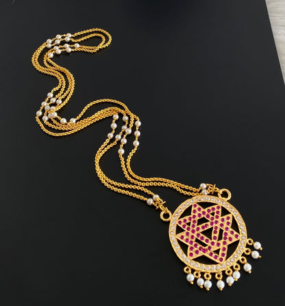 Gold tone 24 inches pearl chain with AD pink-white chakram pendant dj-54491