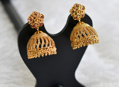 Antique gold tone cz ruby-white flower jhumkka dj-52164