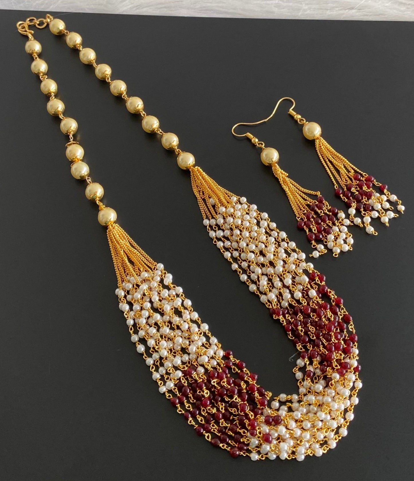 Gold tone maroon beaded pearl multilayer necklace set dj-54213