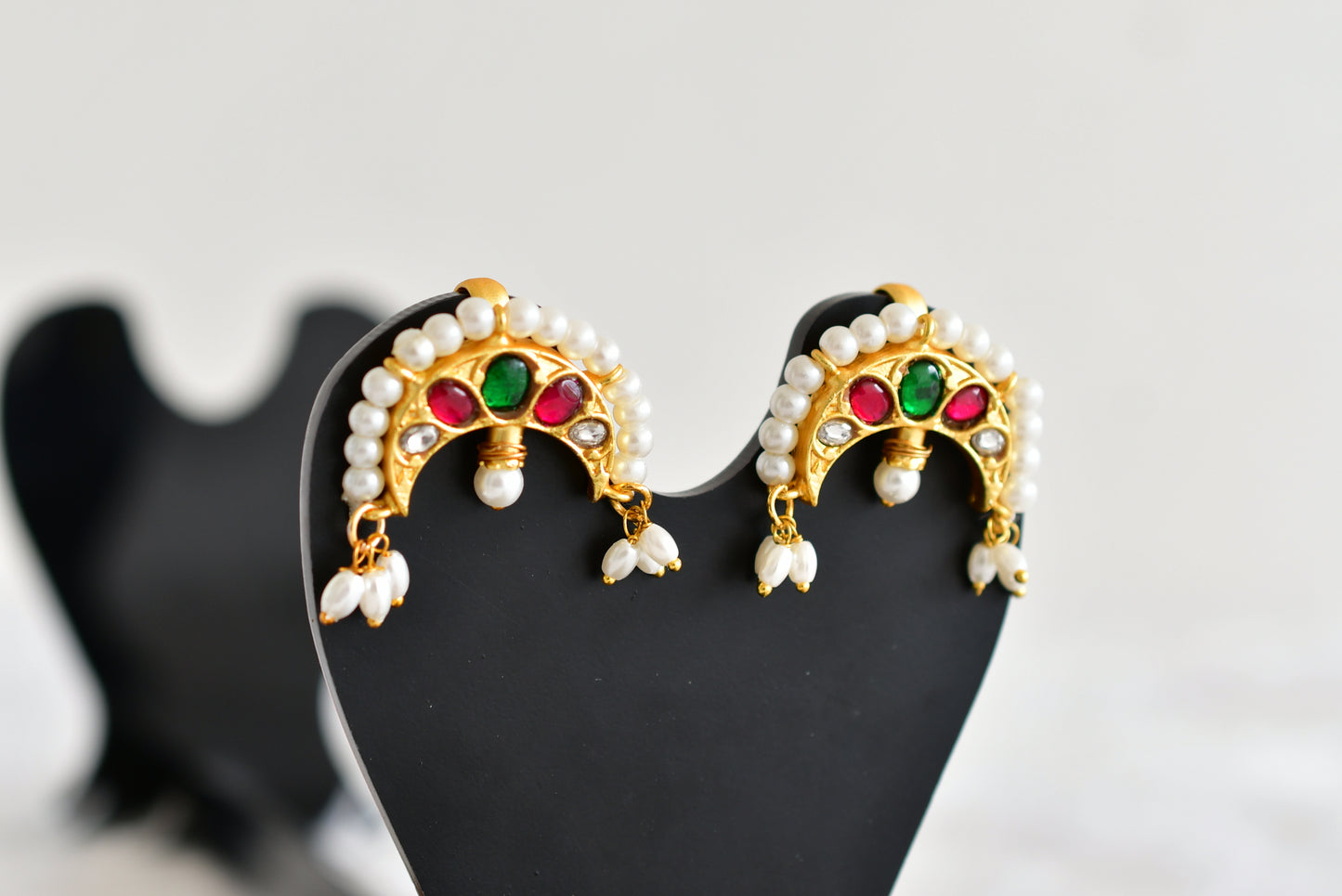 Gold tone pink-green kundan jadau moon bugadi earrings dj-52467