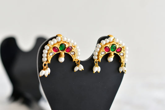 Gold tone pink-green kundan jadau moon bugadi earrings dj-52467
